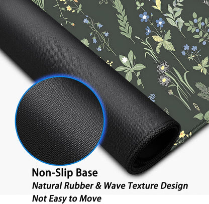 Green Plants Flowers Desk Pad Mouse Pad,Large Floral Mouse Mat with Stitched Edges,Non-Slip Rubber Base Elegant Mousepad for Office PC Keyboard Laptop and Home Work Desk Mat(27.5X11.8 in)
