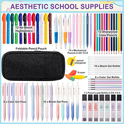 Professional 78PCS Drafting & Writing Kit For Boys Kids, Students School Supplies, 12 Highlighters, 16 Pens, 10 Mechanical Pencils 0.5 0.7 2.0mm, Includes 452 Lead & Gel Refills, Black Pencils Case