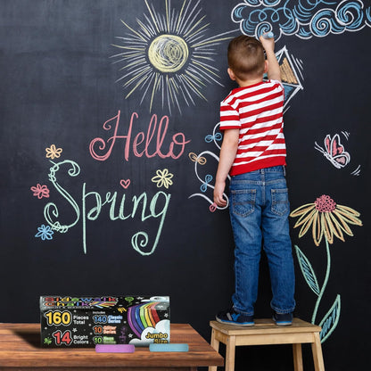 160 PCS Sidewalk Chalk for Kids - 14 Colors, 10 Glitter, 10 Neon Non-Toxic Washable Jumbo Chalks - Bulk Set of Outdoor Paint for Kids and Toddlers - Chalkboard Toys - Big Bucket Chalk for Party