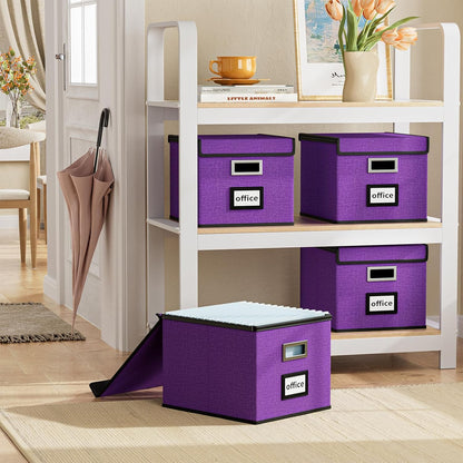 Huolewa File Organizer Box with Lid, Collapsible File Folder Organizer for Office Document Storage, Filing Box with Plastic Slide for Letter/Legal Size Hanging Files, Purple