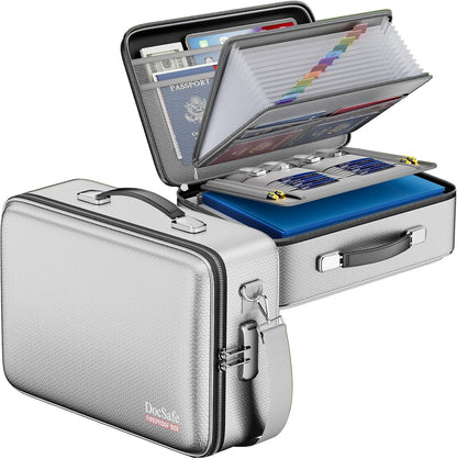 DocSafe Fireproof Document Box with Lock＆Shoulder Strap,Hard Case File Organizer with Accordion File Folder,Multi-Layer Portable Home Office Travel Safe Storage for Important Documents Laptop Silver