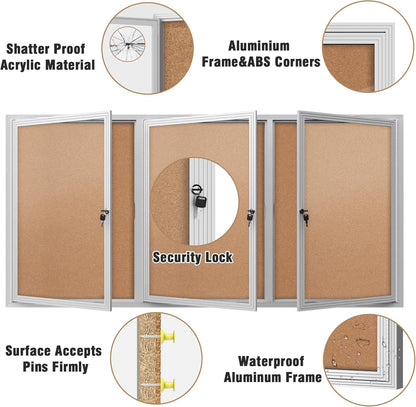 70"x34" Enclosed Bulletin Board, Outdoor Lockable Weather-Resistant Aluminum Cork Noticeboard for School & Office, Silver Frame w/Cork