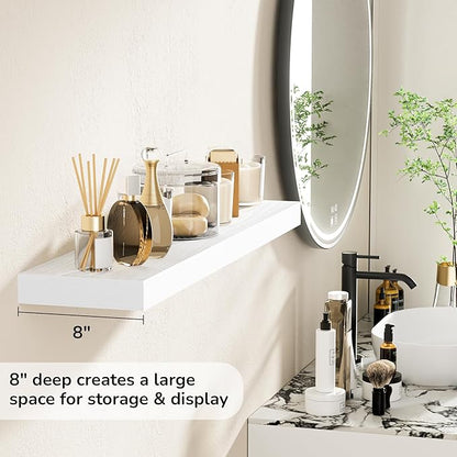 Fun Memories 36 Inch Floating Shelves - Deep Rustic White Wooden Wall Shelves - Extra Deeper & Thicker Wall Mounted Storage Shelf for Bedroom, Kitchen, Farmhouse - 2 Pack, Rustic White