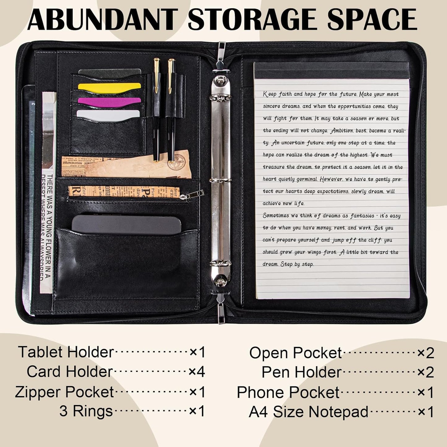 Calfinder 3 Ring Portfolio Binder,PU Leather Padtfolio Binder with Zipper,Padfolios for Women&Men,Professional Business Portfolio Organizer for Resume/Interview, A4 Letter Document Organizer