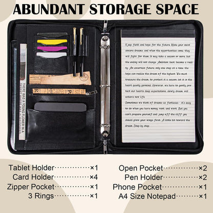 Calfinder 3 Ring Portfolio Binder,PU Leather Padtfolio Binder with Zipper,Padfolios for Women&Men,Professional Business Portfolio Organizer for Resume/Interview, A4 Letter Document Organizer