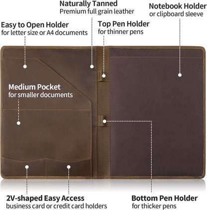 Ringsun Leather Portfolio Organizer for Men Women, Leather Padfolio Business Resume Legal Pad Portfolio Notebook Binder for A4/Pad, Leather Folio Leather Folder, Brown