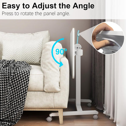 PUNCIA 90°Tiltable Small Standing Desk with Stoppers Mobile Rolling Laptop Table on Wheels Pneumatic Adjustable Height Computer Workstation Stand Up Cart Bedside Overbed Table for Home Office White