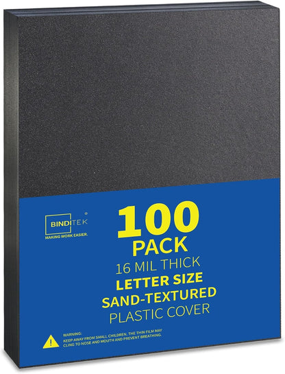 Binditek 100 Pack 16 Mil Sand-Textured Polycover - Plastic Binding Cover for Letter Size - Business Reports and Proposals - Lightly Sanded Finish - Square Corners, Un-Punched, Black