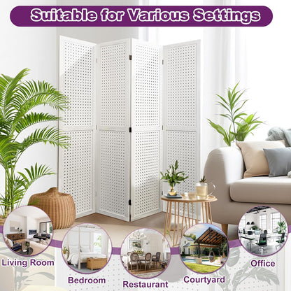 Room Divider, 5.6FT Folding Room Divider Panel, 4 Panel Pegboard Display Wood Partition Wall Divider for Room Separation& Craft Shows, White