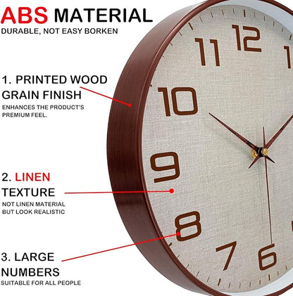 Woodgrain Wall Clocks Battery Operated 12 Inch with Linen Texture Face, Large Number Silent Digital Wall Clock, Non Ticking Analog Clock for Bedroom Living Room Bathroom Kitchen Office,Brown