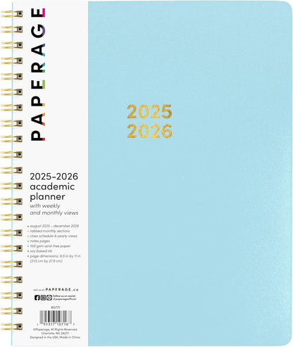 PAPERAGE 17 Month Academic Planner 2025-2026, Weekly & Monthly Spreads, August 2025 - December 2026, Large (8.5 in x 11 in), Light Blue