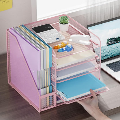 Marbrasse Desk Organizers and Accessories, 5-Tier Paper Letter Tray Organizer with File Holder, Mesh File Organizer, Office Desk Accessories & Organization for Supplies (Pink)