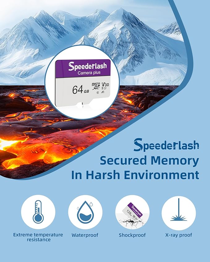 Micro SDXC Memory Card 64GB 3 Pack, Speederlash Camera Plus TF Card with Adapter, 90MB/s Read Speed, 4K UHD&5K Video Support, U1 V30 A1 Rated, for Security Camera, Smartphone, Drone, Tablet, PC