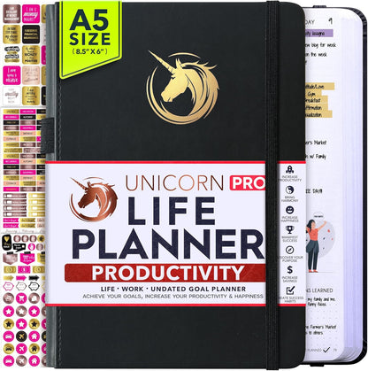 Life Planner - Undated Daily, Weekly & Monthly Planner with Budget Section | A 12 Month Journey to Increase Productivity & Happiness | Life Organizer & Gratitude Journal - Horizontal Format