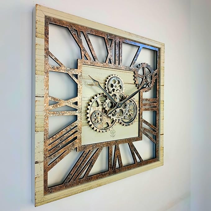 ImprovingLife The Gears Clock 24'' Inch Square Real Moving Gear Wall Clock Vintage Industrial Oversized Rustic Farmhouse (Desert Beige)