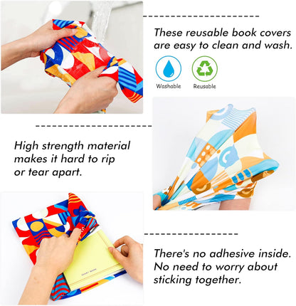 Geometric Pattern Book Covers, Feela 7 Pack Stretchable Jumbo Fabric Washable Durable Reusable Nylon Book Covers, for Hardcover Textbooks Notebooks up to 9”x11”