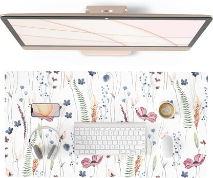 QiyI Large Mouse Pad, Cute Flower Desk Mat for Desktop, Women Girls Floral Office Décor Accessories, PU Leather Waterproof Big Gaming Mousepad, Wildflowers Desk Pad Computer Mat, 31.5" x 15.7"