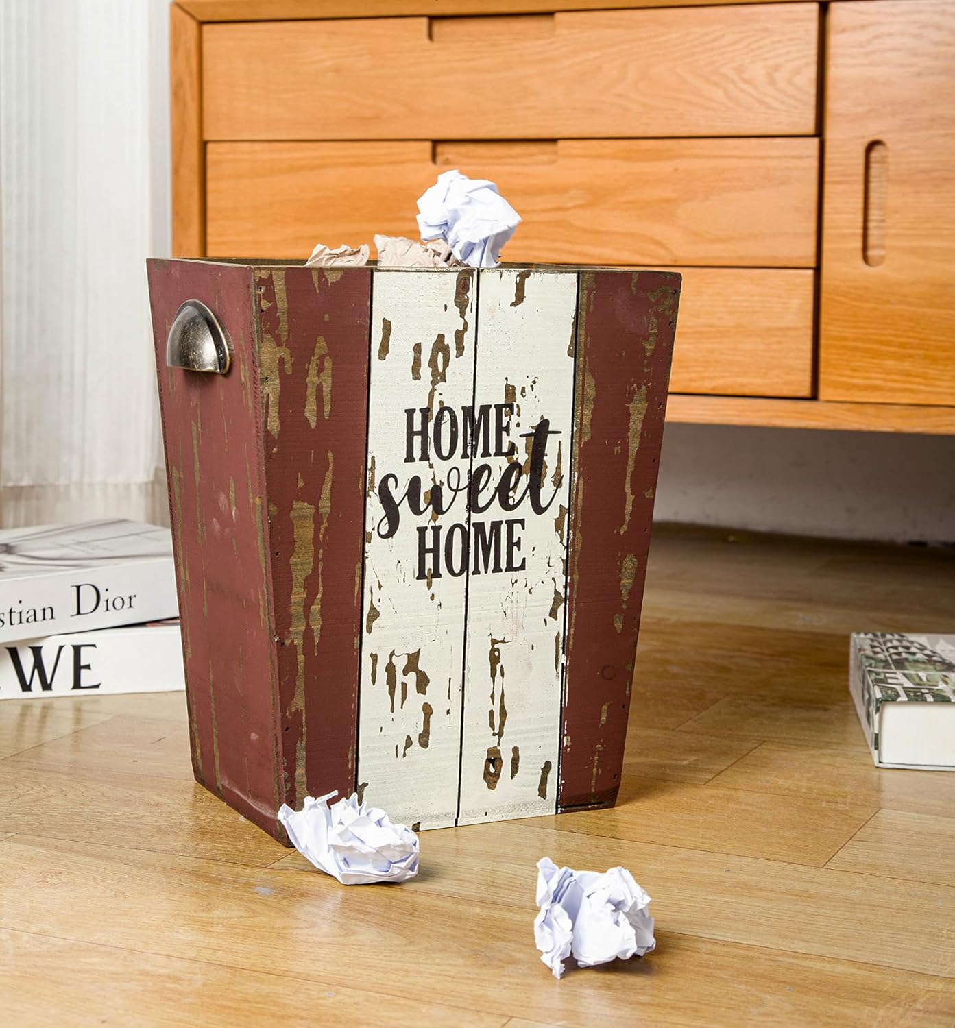 Small Wood Trash Can Wastebasket, Farmhouse Rectangular Garbage Can Waste Basket, Rustic Distressed Wooden Trash Recycling Bin with Metal Handles, Home Sweet Home Wood Storage Basket (Distressed)