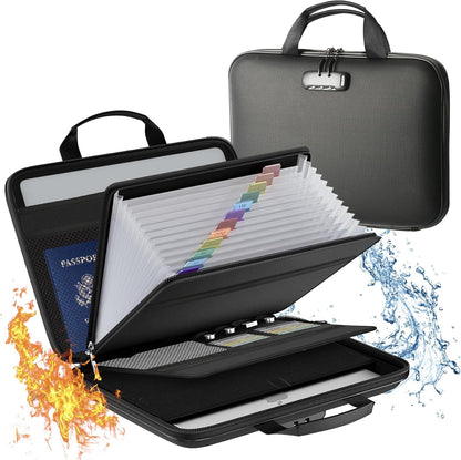 Fireproof Document File Organizer Bag, Black 5200°F Portable File Organizer Handbag With Lock,Hard Case Fireproof Waterproof Important Document Bag,Fire Safe Home Valuables Storage