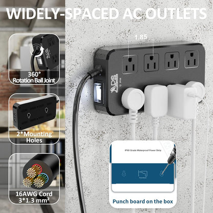 Outdoor Power Strip Weatherproof, Waterproof Surge Protector with 8 Wide Outlet with 3 USB Ports, 6FT Extension Cord,1875W Overload Protection,Outlet Extender for Christmas Lights ETL Listed Black