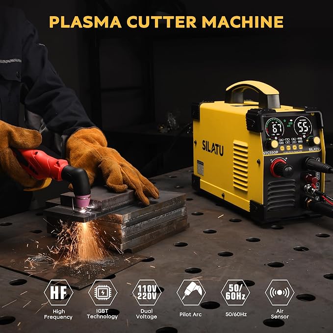 SILATU 55Amps Plasma Cutter, STC550P HF Non-Touch Pilot Arc Plasma Cutter Machine, 110/220V Dual Voltage LED Display Air Sensor Technology, 1/2'' Clean Cut 3/5'' Max Cut, PT/2T/4T for Beginners DIY