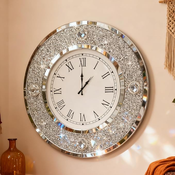 COSVALVE Mirror Wall Clock with Crystal, 20 Inch Large Silver Glass Clock for Wall Living Room, Big Decorative Wall Clock with Crushed Diamond Decor, Luxury Bling Wall Decor