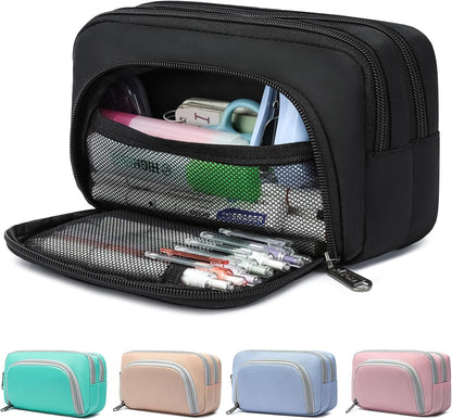XQXA Pencil Pouch Large Capacity Pencil Case Organizer, Multifunctional Pen bag with 3 Compartmens, Big Pencil Bag for Office Travel Men Women Adult (01-Black)