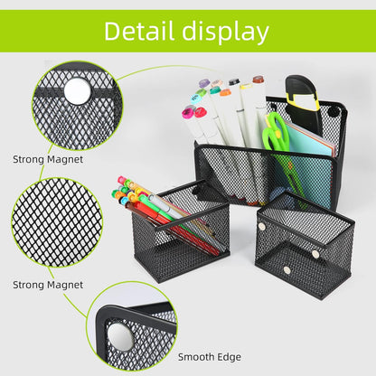 Neudeco Locker Shelf Organizer, Magnetic Pencil Holder, Metal Storage Basket for Whiteboard, Refrigerator, Ideal Cabinet for School, Black (Pack 3L)