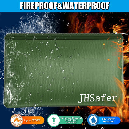 6400℉ Fireproof and Waterproof Money Bags 2pcs with Zipper,11''x6.3'' Fireproof Cash Bag with Zipper,Fireproof Wallet Envelope Safe Pouch Fireproof Bags for Cash Passports Keys Jewellery (Green)
