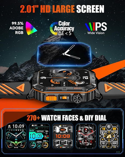 Military Smart Watch for Men, 2.01'' Fitness Tracker with 1200mAh Long Battery Life, Bluetooth Calls, Flashlight, IP68 Waterproof, Heart Rate/Sleep Tracking, 100+ Sports Modes for Android iPhone