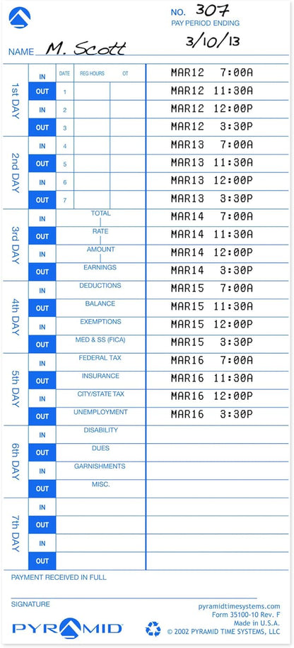 Pyramid Time Systems - 30% Recycled Time Cards (35100-10PK5) for Pyramid Models 3500, 3500ss, 3600SS, and 3700 Time Clock and Document Stamp, Single Sided Time Sheets (4 X 9 in) - 500 Time Cards