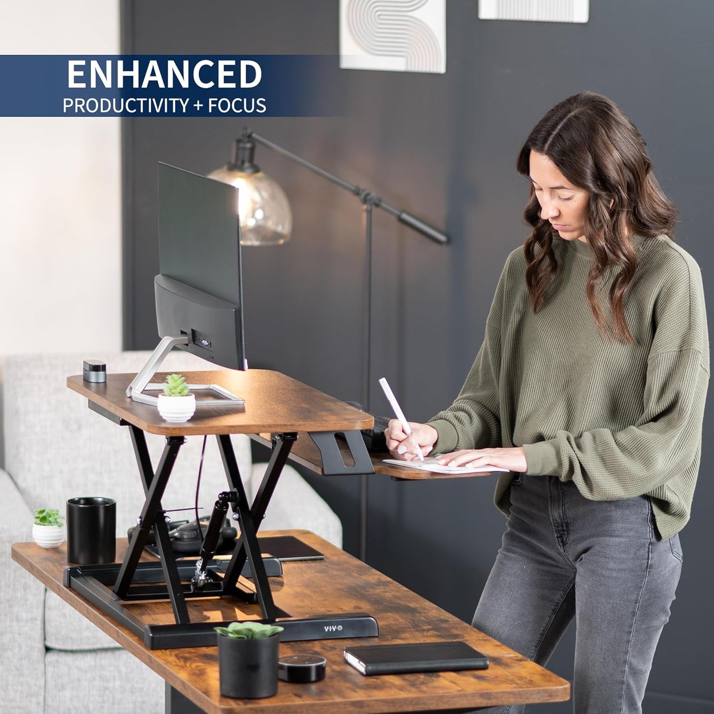 VIVO 26 inch Desk Converter, K Series, Height Adjustable Sit to Stand Riser, Dual Monitor and Laptop Workstation with Keyboard Tray, Rustic Vintage Brown Top, Black Frame, DESK-V026KN