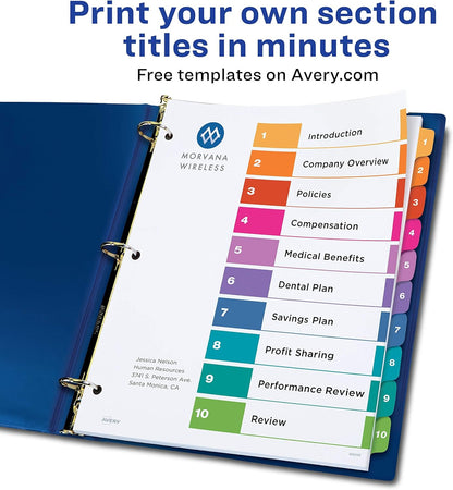 Avery Dividers for 3 Ring Binders, 10 Tabs per Set, Customizable Table of Contents, Multicolor Tabs, Great for Organizing Reports, Projects, and More (11135)