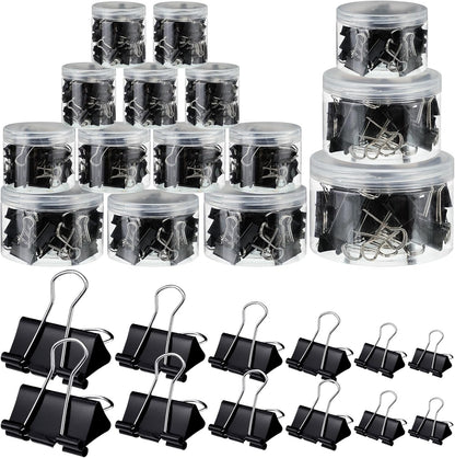 Yexiya 640 Pcs Binder Clips Paper Clamps Assorted Sizes Black, Metal Paper Binder Clips Combination Black Binding Paperwork Clamp Bulk 6 Sizes with Box School Teachers Office Supplies
