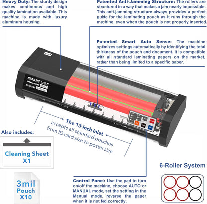 SINCHI 6-Roller, Auto Sense, 3-10 Mil Laminating Machine for Office and School, 50-Second Warm-up, 47 Inches/Minute, Never-Jam, Heavy Duty, 13-inch Thermal Laminator Machine 11x17