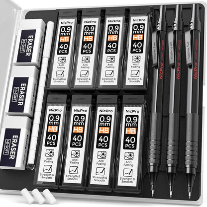 Nicpro 0.9 Metal Mechanical Pencil Set with Case, 3PCS Black MP1000 0.9mm Drafting Pencil, 8 Tubes HB Lead Refills, 3PCS Erasers, Erasers Refills for Artist Writing, Drawing, Sketching