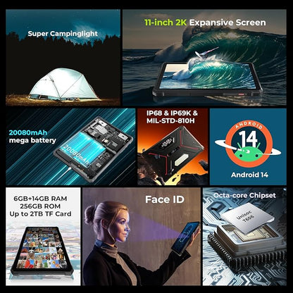 HOTWAV R9 Pro Rugged Tablet 2K 11 inch Android 14 Tablets - 20080mAh Waterproof Tablet 20GB+256GB/2TB TF Work Tablets, 64MP+16MP Camera Octa-Core IP68IP69K,4G Dual SIM/5G WiFi/Face ID/GPS/OTG