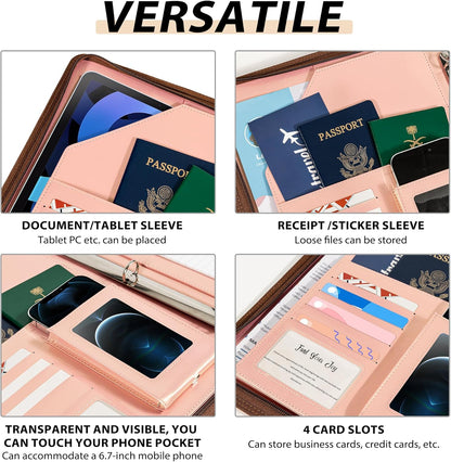 Leather Clipboard with Storage, Zippered Padfolio Portfolio Organizer, 3 Ring Binder 1 Inch, Notepad, Tablet Sleeve, 5 Dividers with Pocket, Stickets for Office, Nurses, Students, Teachers Rose Gold