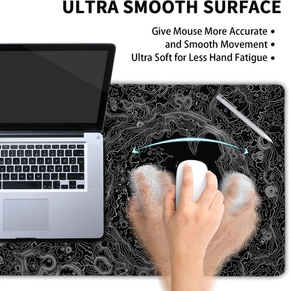 Black Whtie Topographic Gaming Mouse Pad XXL Topo Moon Relief Map Extended Large Mat Mousepad Desk Pad Non-Slip Rubber Base Stitched Edge Long Mousepad for Desktop Office Desk, 35.4 x 15.7 in