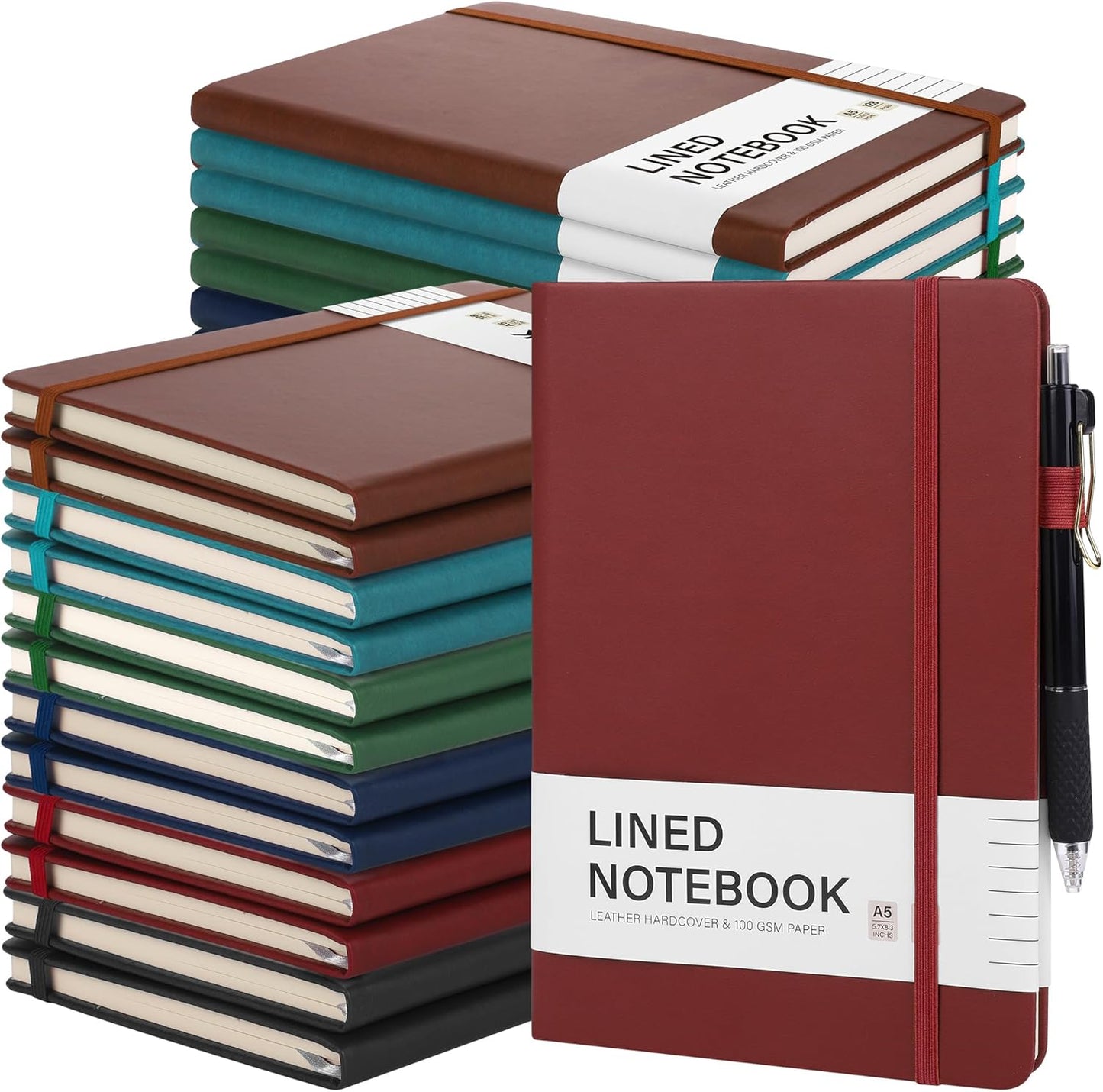 Aodaer 30 Set Lined Notebook Journals with Pens A5 Notebooks 100 GSM College Ruled Hardcover Notebook PU Leather Notepad with Pen Holder for Office School, 5.7 x 8.3 Inches, Deep Multicolor