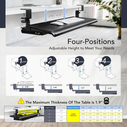 EHO Keyboard Tray with Drawer - Clamp On Under Desk Pull Out Extender Table Attachment Platform with Storage Organizer, Large 27.5" (31.8" Including Clamps) x 12.2", Height Adjustable for Home Office