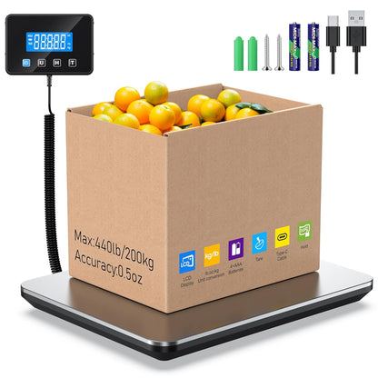 Shipping Scale, 440 LB Heavy Duty Postal Scale for Packages, Large Mailing Scale for Postage, Industrial, Small Business, Laundry, Warehouse, Stainless Steel Over Load Protection & Dual Powe
