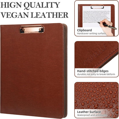 Ospelelf 3 Ring Binder Portfolio Folder with Zipper- Leather Padfolio with Clipboard Storage- Calculator, 12.1” Tablet Sleeve, 5 Dividers with Pocket, Refillable Notepad, Card Slot (Red Brown)