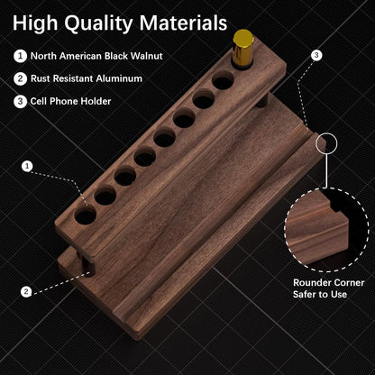 Pencil & Pen Holder for Desk, Solid Walnut Pen Display Stand with 9 Slots and Cell Phone Holder, Aesthetic Pen Organizer for Minimalist Office Desk Decor