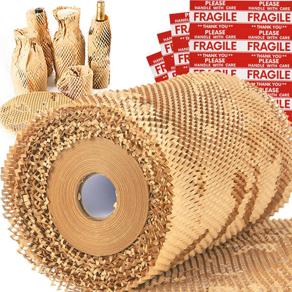 Honeycomb Packing Paper Wrap 15''x20520" (1710 ft), Substitute Alternative for Bubble Cushioning Wrap for Moving Shipping Packaging, Recyclable Moving Supplies with 48 Fragile Sticker Labels