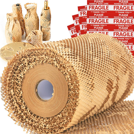 Honeycomb Packing Paper Wrap 15''x20520" (1710 ft), Substitute Alternative for Bubble Cushioning Wrap for Moving Shipping Packaging, Recyclable Moving Supplies with 48 Fragile Sticker Labels