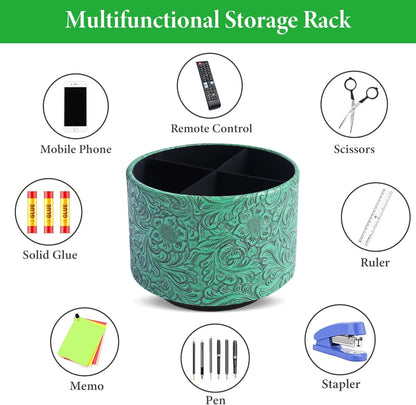 lizimandu Round Leather Art Supply Organizer,Remote Control Holder,360 Degree Spinning,Multi-Functional Pencil Holder,4 Compartments Desktop Stationary Organizer(1-Carved Green)