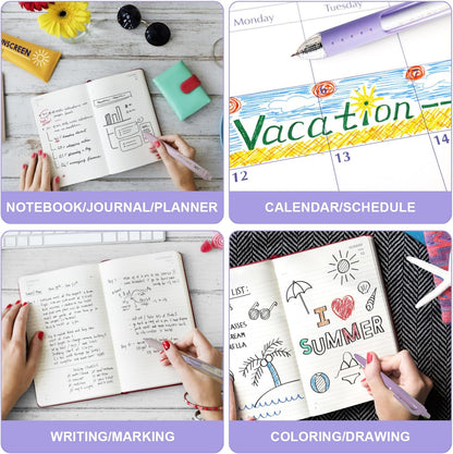 6 Count Pastel Gel Ink Pen Set,Cute Note Taking 0.5mm Fine Point Retractable 5 Count Black Ink Pens with 1 Count Highlighter for Writing, Journaling, School, Office (Purple)