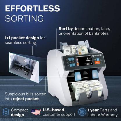 Carnation CR8 Mixed Denomination Money Sorter with Built-in Printer – Bank-Grade Bill Counter with Counterfeit Detection, Serial Number Tracking, Multi-Currency Support & 2 CIS Sensors