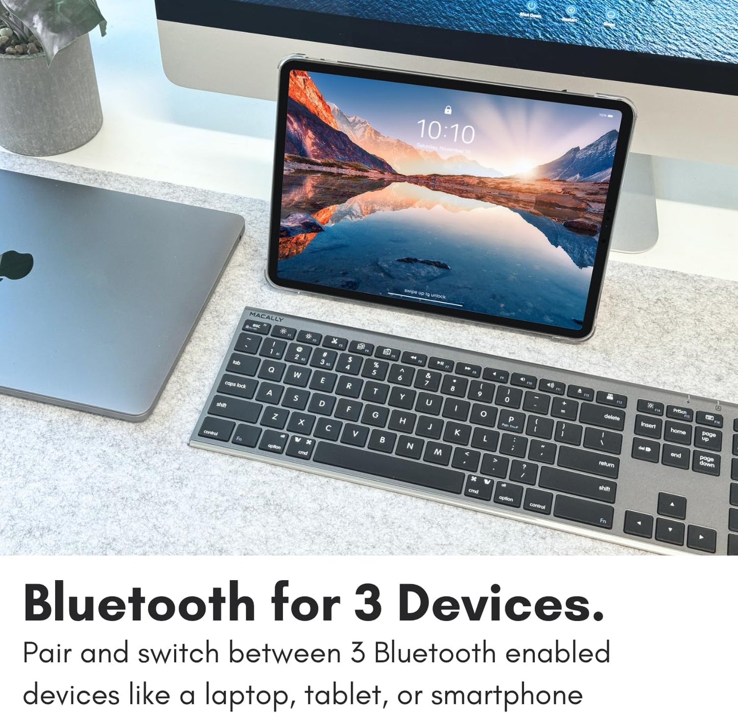 Macally Wireless Bluetooth Keyboard for Mac - Compatible Apple Keyboard or MacBook Pro/Air, iMac - Multi-Device, Up to 3 Devices with 110 Keys, 20 Shortcuts, Numeric Keypad, and Rechargeable